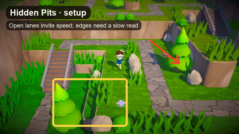 Annotated Trees Hate You screenshot showing open ledges and false-safe path space